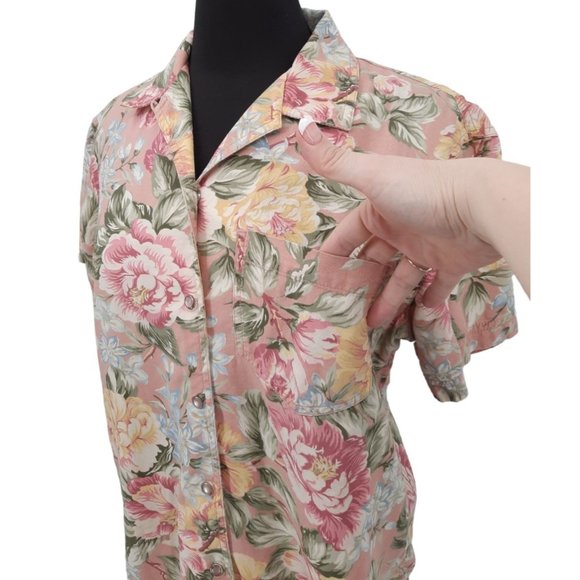VTG 90s Lizwear Pink Floral Pearl Snap Shirt Size M Short Sleeves Cotton Yellow - Picture 6 of 8